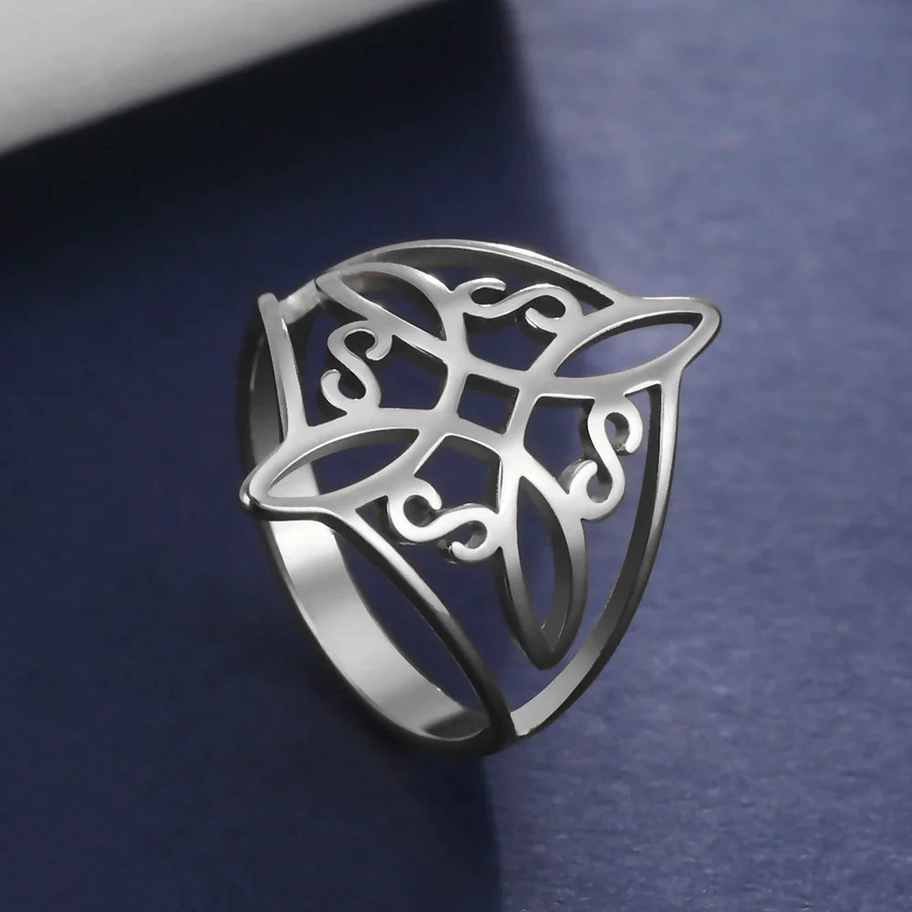 LIKGREAT Witch Knot Ring – Hollow Stainless Steel Celtic Amulet, Protection Jewelry for Men & Women, Couple Gifts