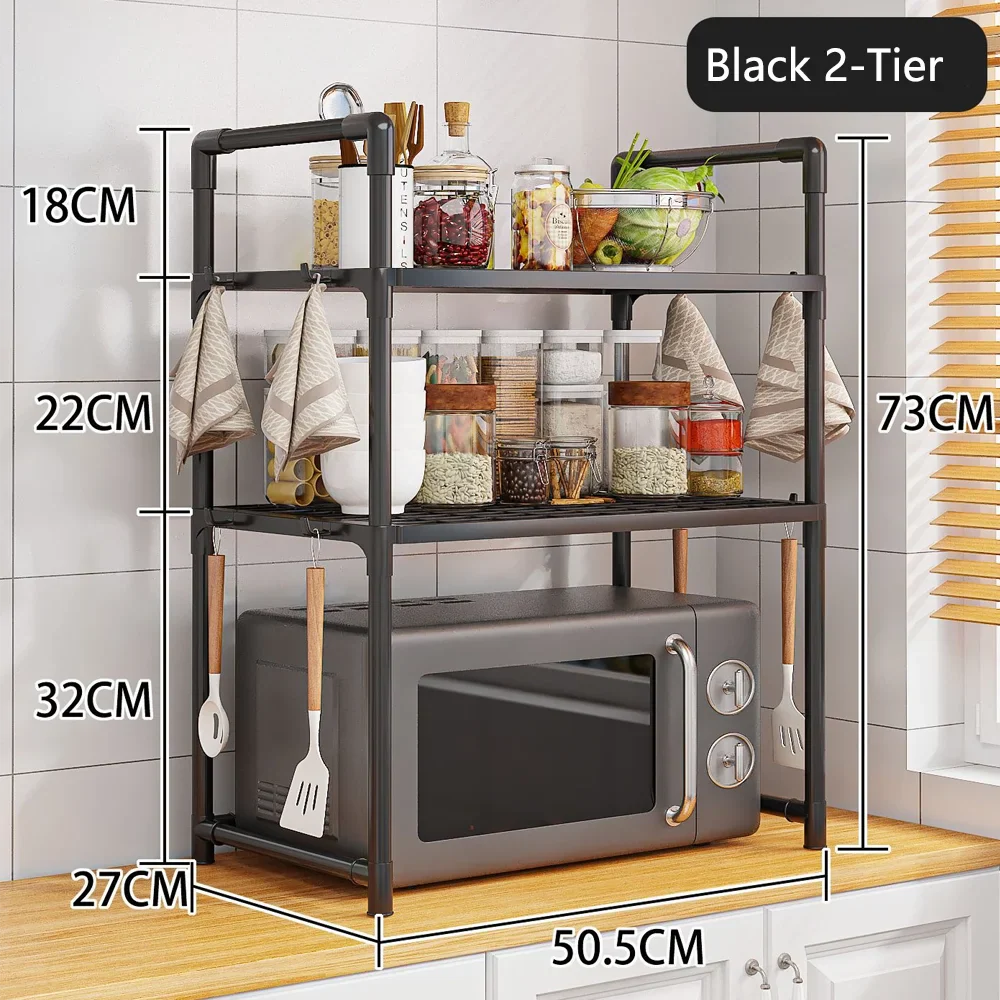 Extra Wide 2-Tier Microwave Stand — Heavy-Duty Kitchen Shelf with Handrail Hooks, Non-Slip Rack for Oven, Toaster & Spices