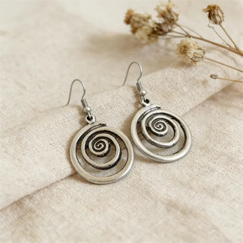 Ethnic Silver Round Spiral Dangle Earrings – Retro Geometric Metal Jewelry for Women Accessories