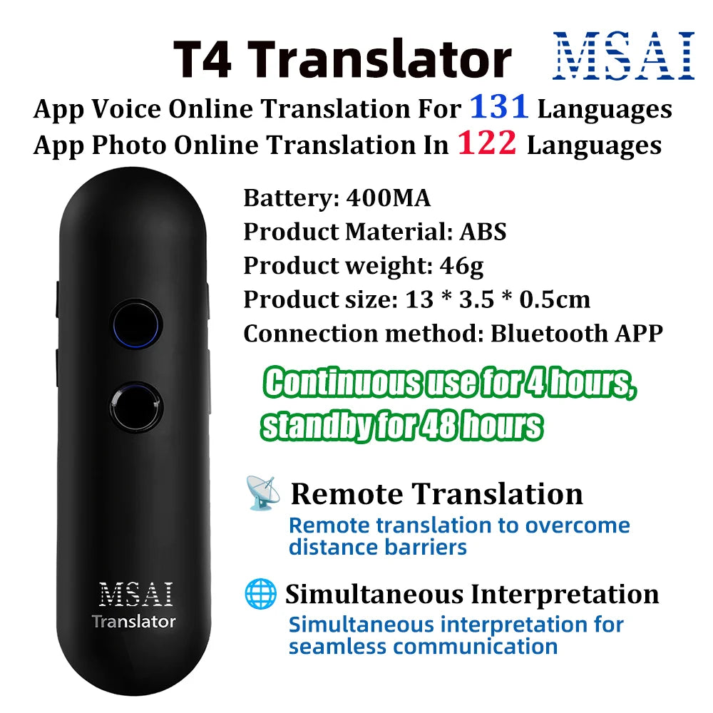 MSAI T8 PRO Voice Translator – 131 Languages Real-Time Two-Way Translation Device with Bluetooth 5.1 for Business & Travel Communication Tool