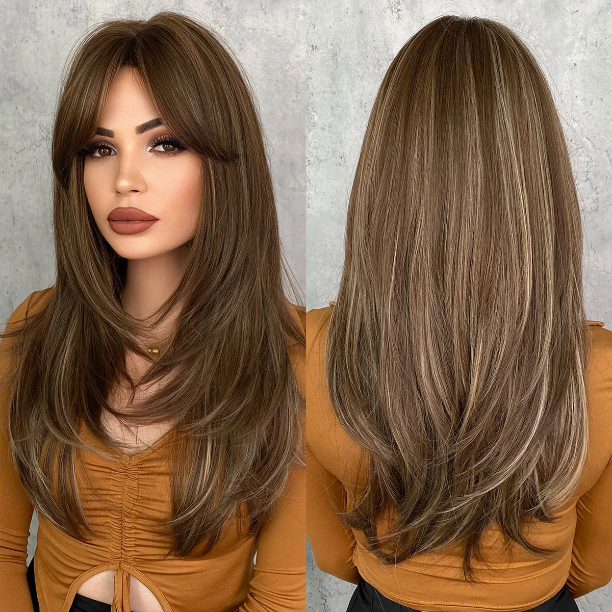 7JHH Honey Blonde Wig with Bangs - Long Brown Layered Heat Resistant Synthetic Wig for Women, Daily Use