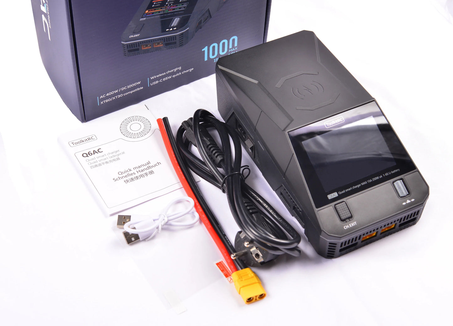 ToolkitRC Q6AC Charger AC 400W/DC 1000W 4-Channel with 65W USB & 15W Wireless Charging for LiPo NiMH PB Batteries