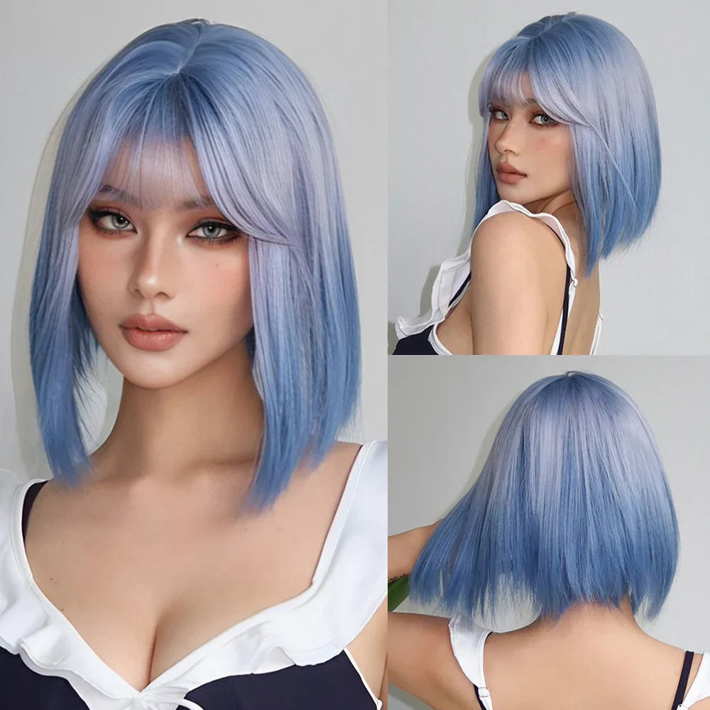 Blonde Short Curly Bob Synthetic Wig with Bangs – Platinum Golden Lolita Cosplay Wig for Women, Heat-Resistant for Daily & Party Use