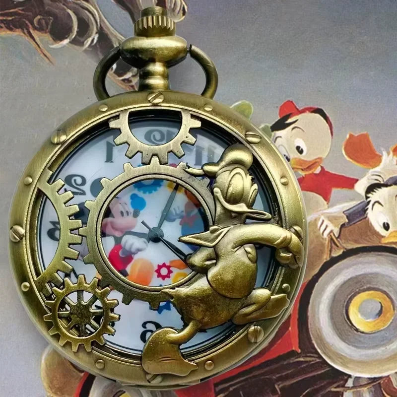 Disney Mickey Mouse Pocket Watch – Vintage Cartoon Quartz Clock with Roman Numerals & Chain Pendant Necklace for Men & Women