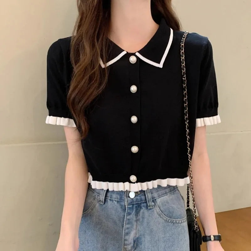 Women’s Summer Knitted Blouse — Chic Retro Slim Short Sleeve Crop Top, All-Match Style