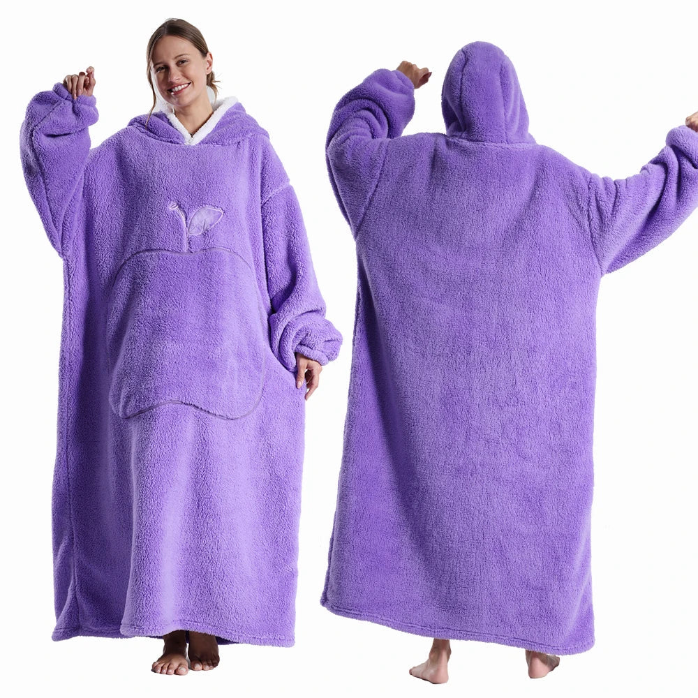 Extra Long Wearable Blanket - Winter Flannel Hooded Blanket with Full Sleeves, Cozy Soft Throw for Men and Women
