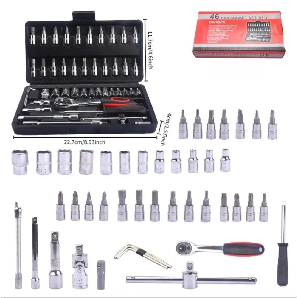 46-Piece Auto Repair Ratchet Wrench Tool Set – Vehicle Socket & Maintenance Toolbox Kit
