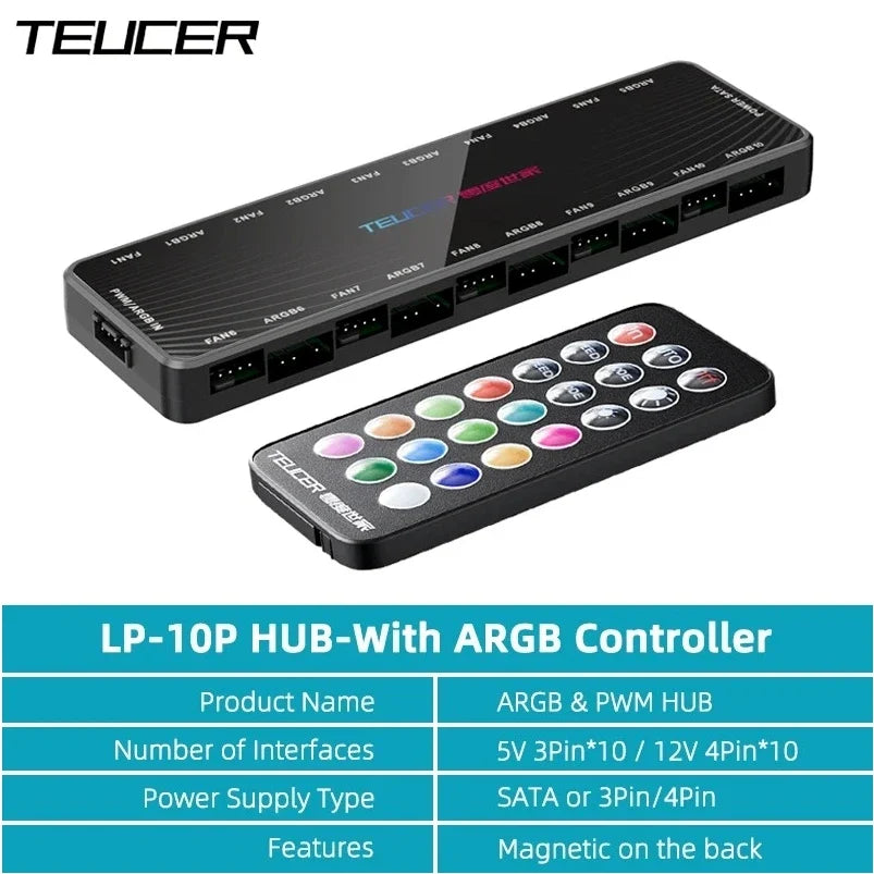 TEUCER LP-10 ARGB/PWM Fan Hub - 2-in-1 PC Fan Controller & ARGB Lighting Adapter