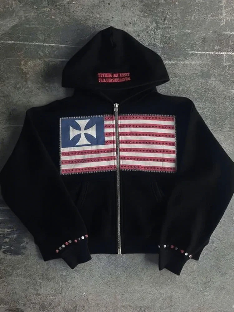 Color Block Flag Hoodie - Men's Y2K Harajuku Loose Fit Zipper Sweatshirt
