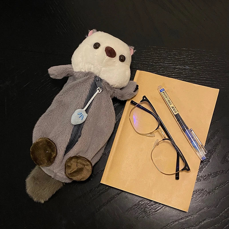 Cartoon Plush Sea Otter Pencil Case β Soft Pen Pouch & Makeup Bag, Portable School Supplies Holder