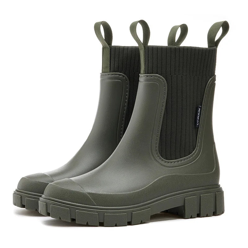 Women’s Mid-Calf PVC Rain Boots – Waterproof Solid Round Toe Platform Shoes