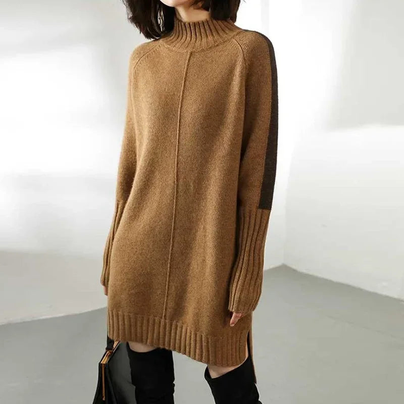 Turtleneck Knitted Sweater for Women – Autumn/Winter Warm Thick Pullovers, Wool Knit Crochet Y2K Split Jumper Cardigan
