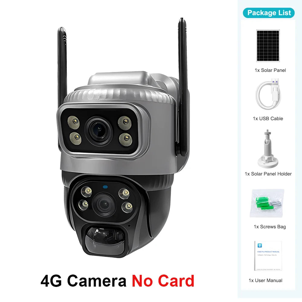 V380 Dual-Lens 4G Security Camera — 8MP 4K Solar IP Cam with PIR Motion Detection, Night Vision, Waterproof, Battery-Powered CCTV Monitor