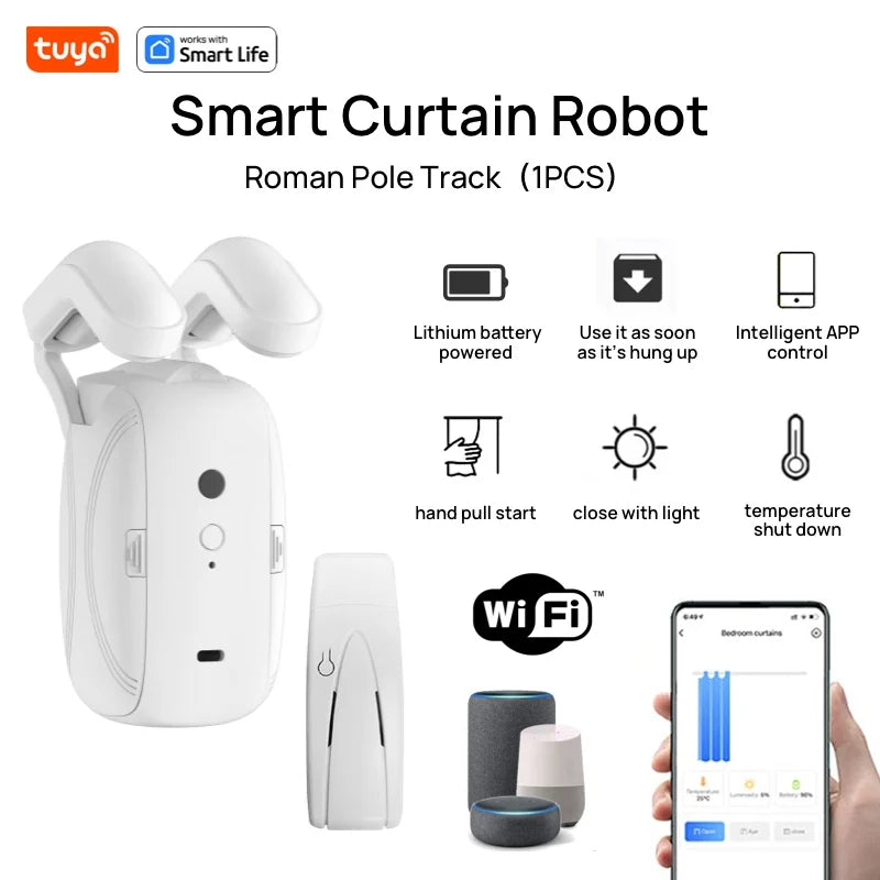 Tuya Smart Wifi Curtain Robot – Remote & Voice Control, Roman Rod Track, Single/Double Opening, 1/2PCS with Gateway