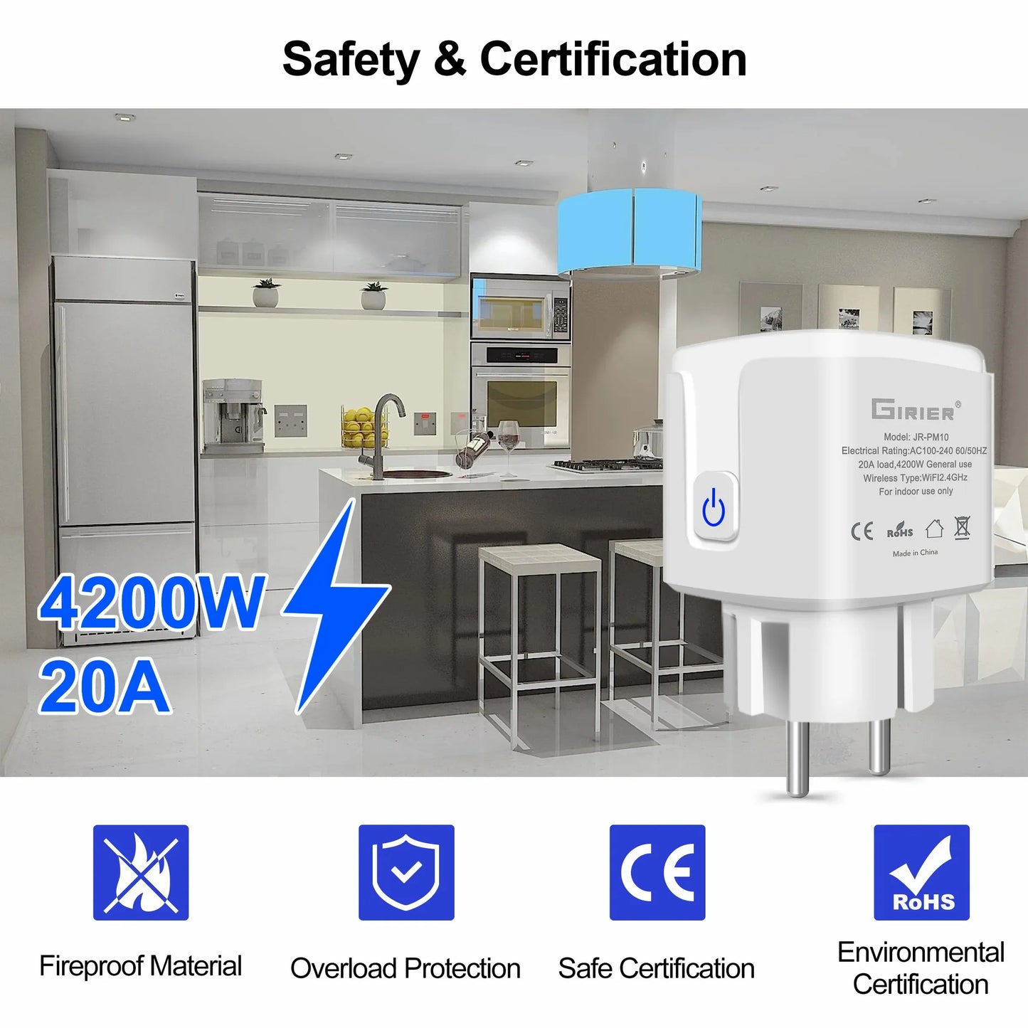 GIRIER Tuya WiFi Smart Plug – 20A EU Socket Outlet with Power Monitor, Timer Function, 4200W, Compatible with Alexa & Google Home