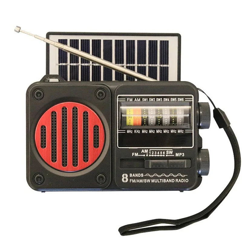Portable Solar Emergency Radio – FM/AM/SW1-6 Multi-Band Receiver with Bluetooth Speaker, Flashlight, TF Card & USB MP3 Player Outdoor Survival Device