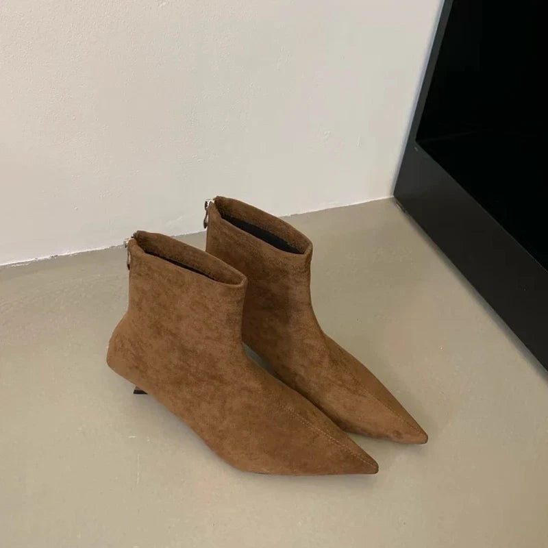 SUOJIALUN 2024 Winter New Women’s Short Boots – Fashion Pointed Toe, Elegant Ankle Boots with Thin High Heel Dress Pumps