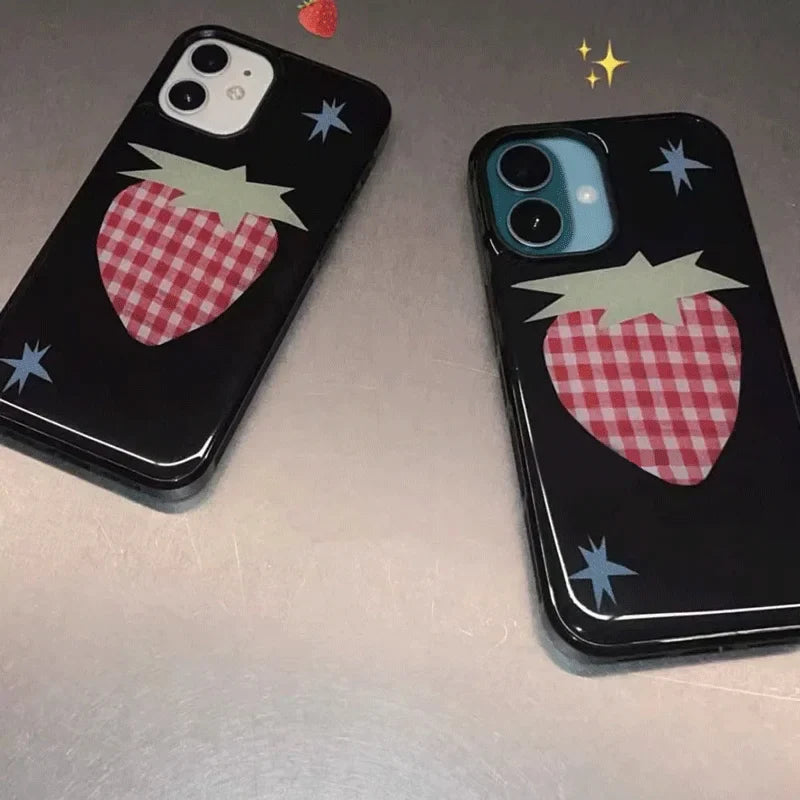 Ins Style Maple Leaves Grid Strawberry Phone Case – Y2K Design for iPhone 16 Pro Max, 15 Pro, 14, 13, 12, 11, XR, XS Max, MINI7, 8Plus