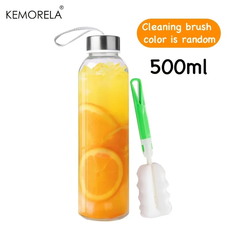 Glass Sports Water Bottle - 500/750/1000ML Juice & Coffee Bottle with Carry Strap and Cleaning Brush