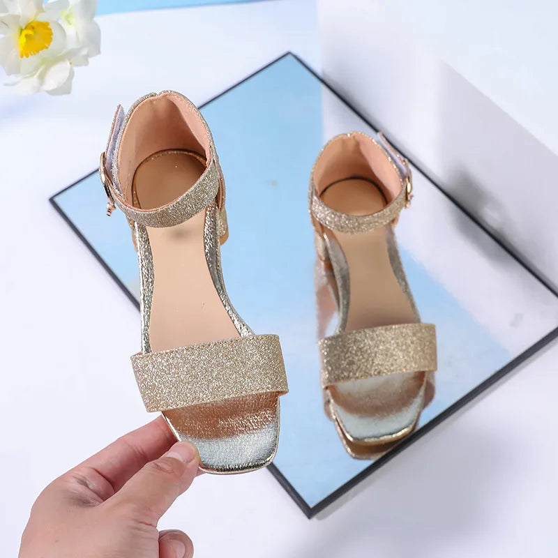 2025 Girls Princess Sandals - Silver Sequin Open-Toe High Heels for Children
