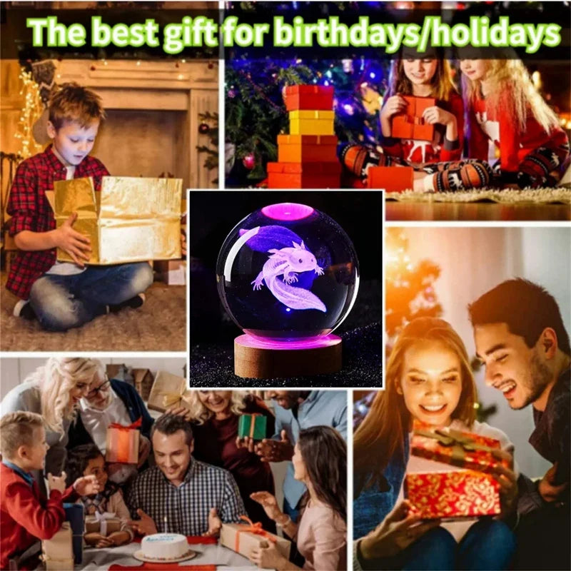 3D Axolotl Crystal Ball Night Light - Laser Engraved Colorful LED Birthday Gift & Cute Home Decoration