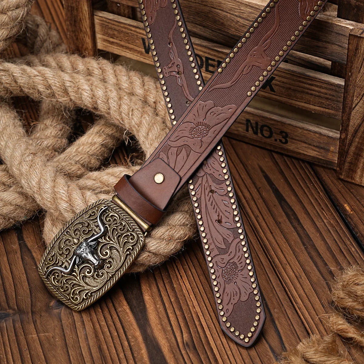Men & Women Western Cowboy PU Leather Belt – Vintage Floral Engraved Buckle Belt for Jeans