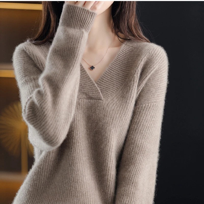 Women’s Knitted V-Neck Sweater – Long Sleeve Solid Pullover Knit Top