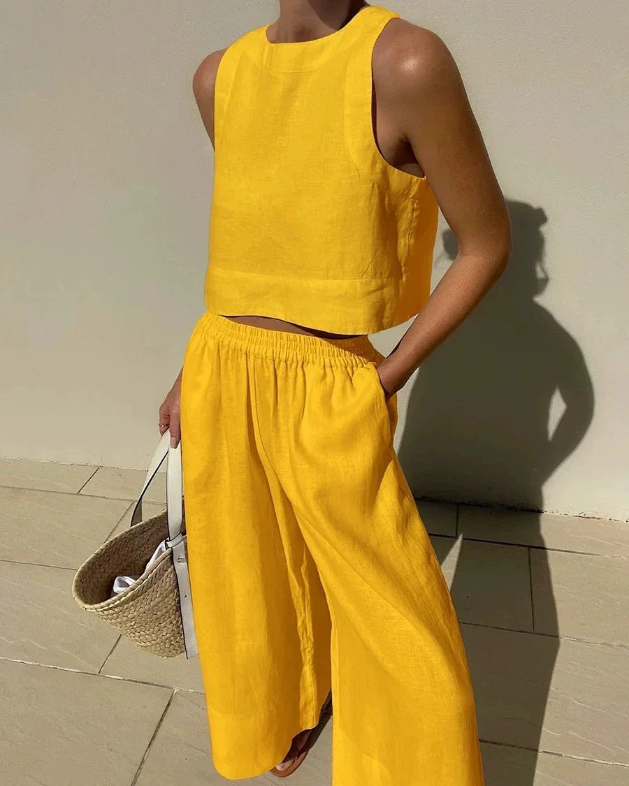 Women Cotton Linen 2-Piece Set – Sleeveless Lace-Up Top & Drawstring Long Pants Summer Commuting Outfit 2023 Fashion