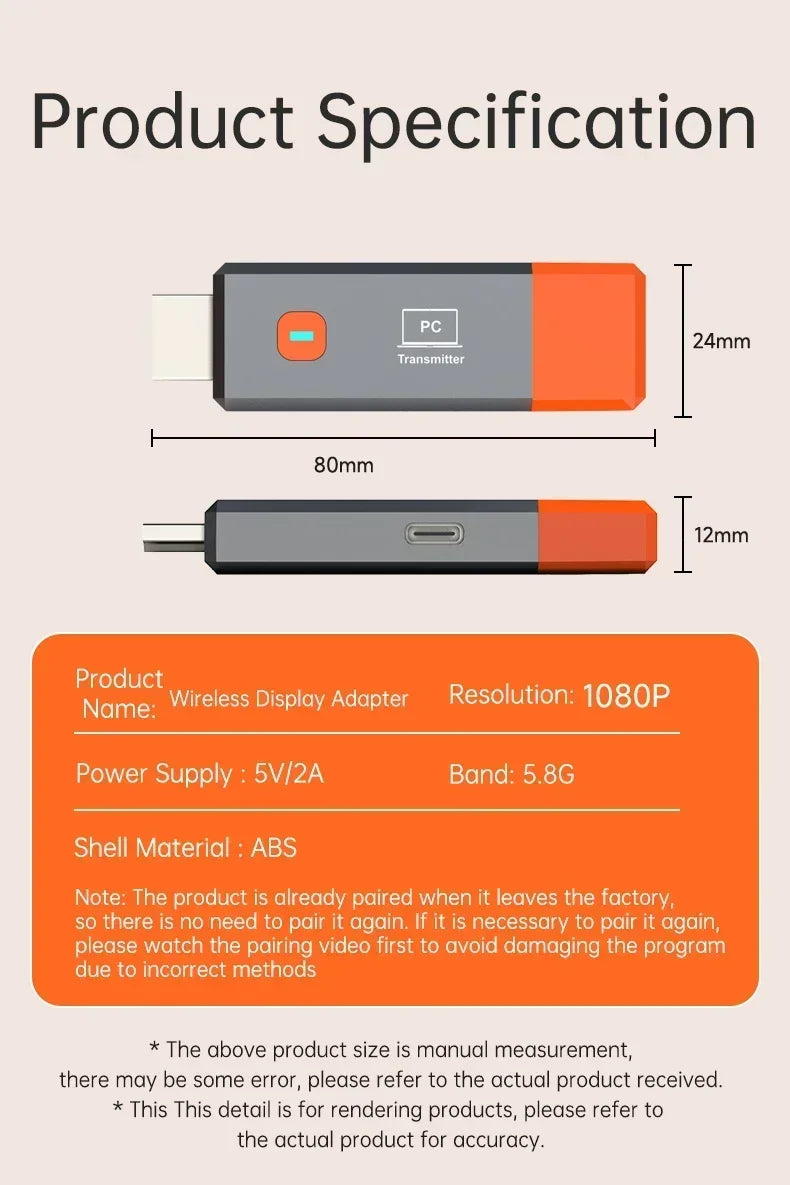 Wireless HDMI Video Transmitter & Receiver Kit – TV Stick Dongle Adapter for PC, Camera, Laptop to Projector, Monitor, TV