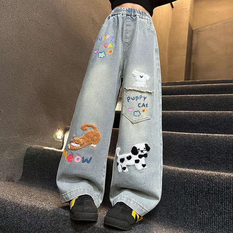 Girls’ Cartoon Embroidered Wide-Leg Jeans – Autumn Fashion Denim Pants for Kids & Teenagers, Ages 4-14