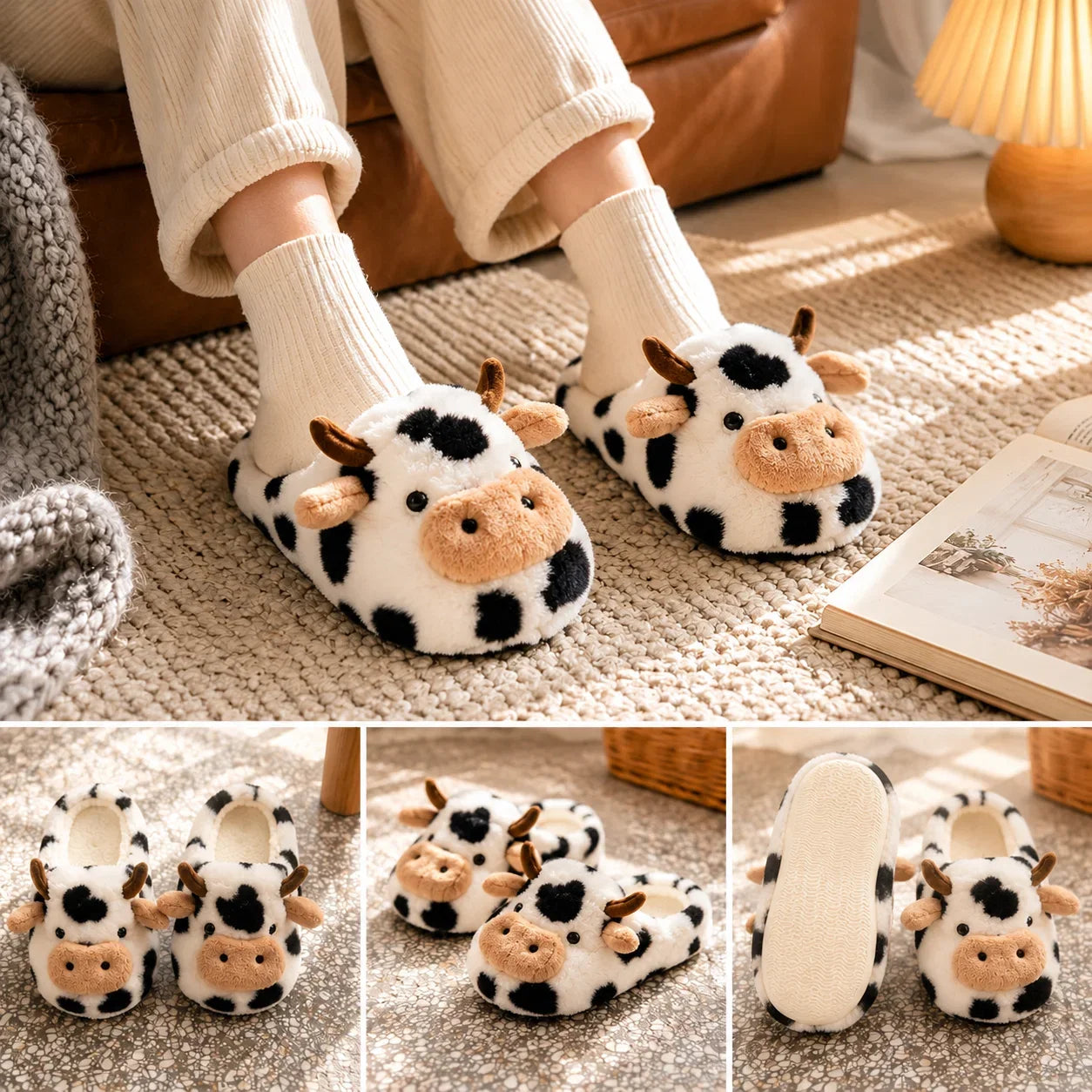 3D Cow Plush Slippers - Cute Fluffy Warm Non-Slip Indoor Home Shoes for Women