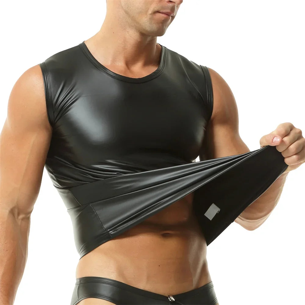 Men's Faux Leather Slim Tank Top - Sleeveless Gym Fitness Bodybuilding Vest Sport Singlet Elastic Undershirt Fashion T-Shirt