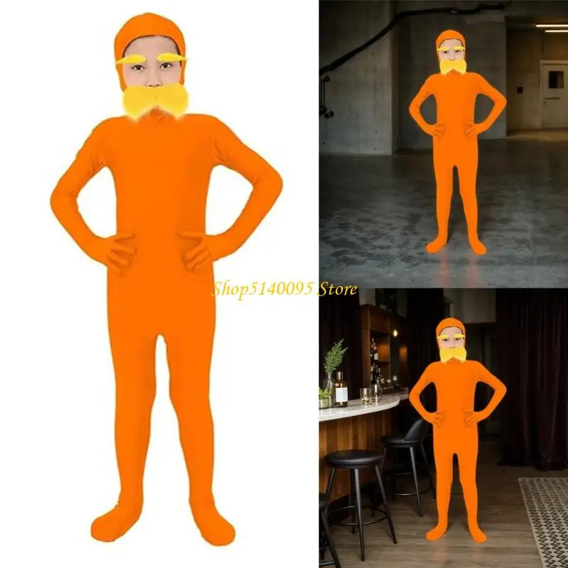 DXAE Tangerine Costume Accessories – Yellow Full Bodysuit with Open Face, Mustache & Eyebrow