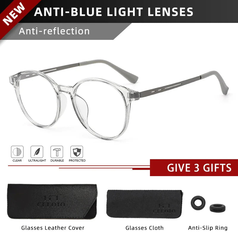 CLLOIO Ultra-Light TR90 Round Blue Light Blocking Reading Glasses, Unisex Titanium Frame for Myopia & Hyperopia Prescription Eyewear (+1.56)