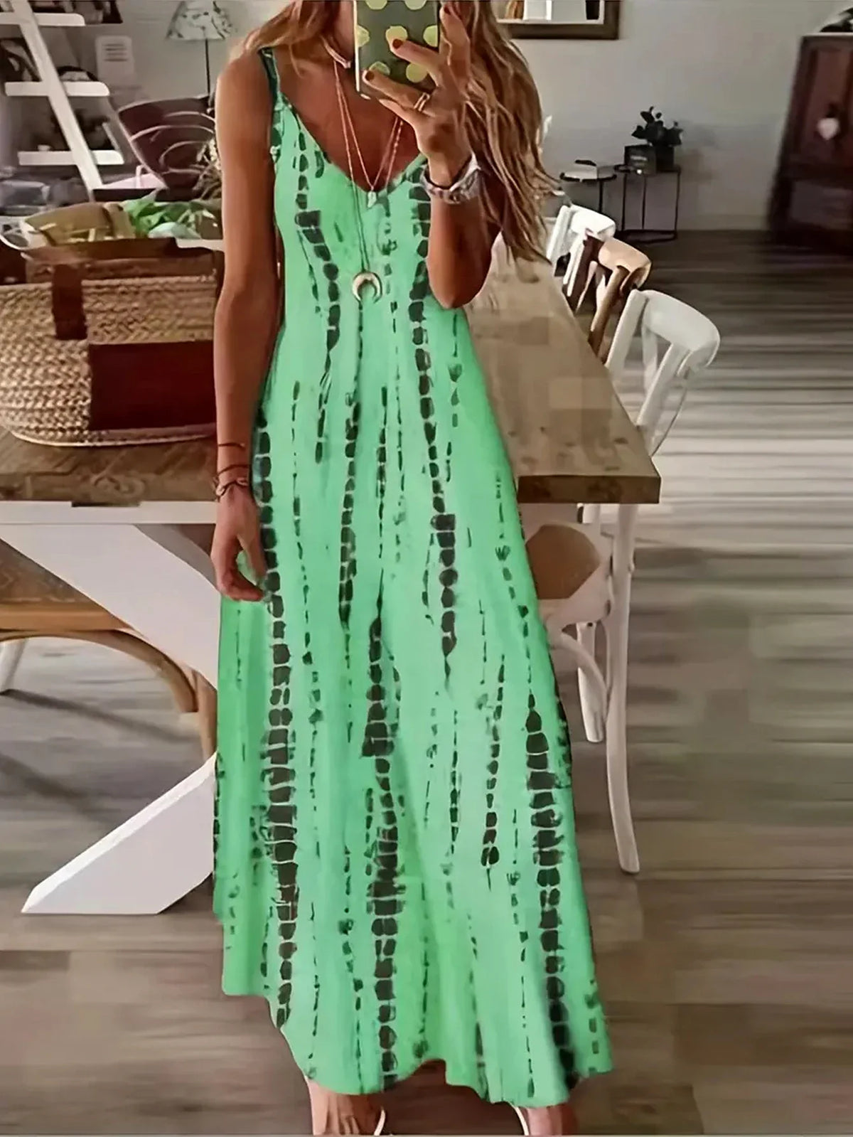 Women’s Casual Tie-Dye Maxi Dress – Loose V-Neck Spaghetti Strap Summer Beach & Vacation Long Dress