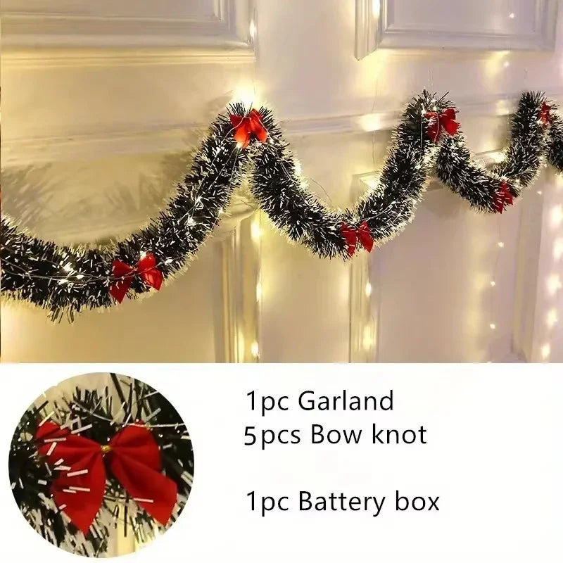 2M Christmas Tinsel Garland with LED Lights – Metallic Twist Artificial Xmas Hanging Decoration