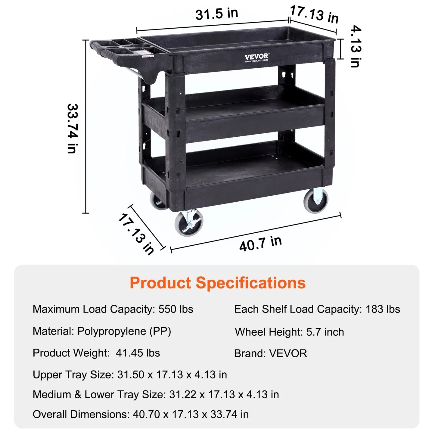 VEVOR 2/3 Shelf Heavy Duty Utility Service Cart with 360° Swivel Wheels – Ergonomic Storage Handle for Warehouse, Garage, Cleaning
