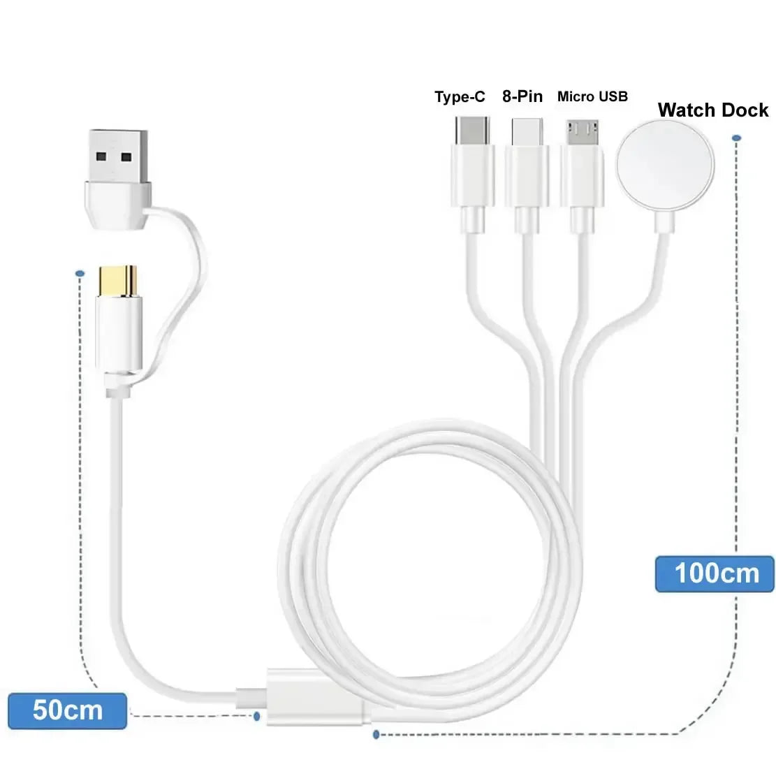 4-in-2 Multi Charging Cable for iPhone 15, Type-C, Micro USB – Wireless Charger for Apple Watch Ultra SE/9/8/7/6/5/4
