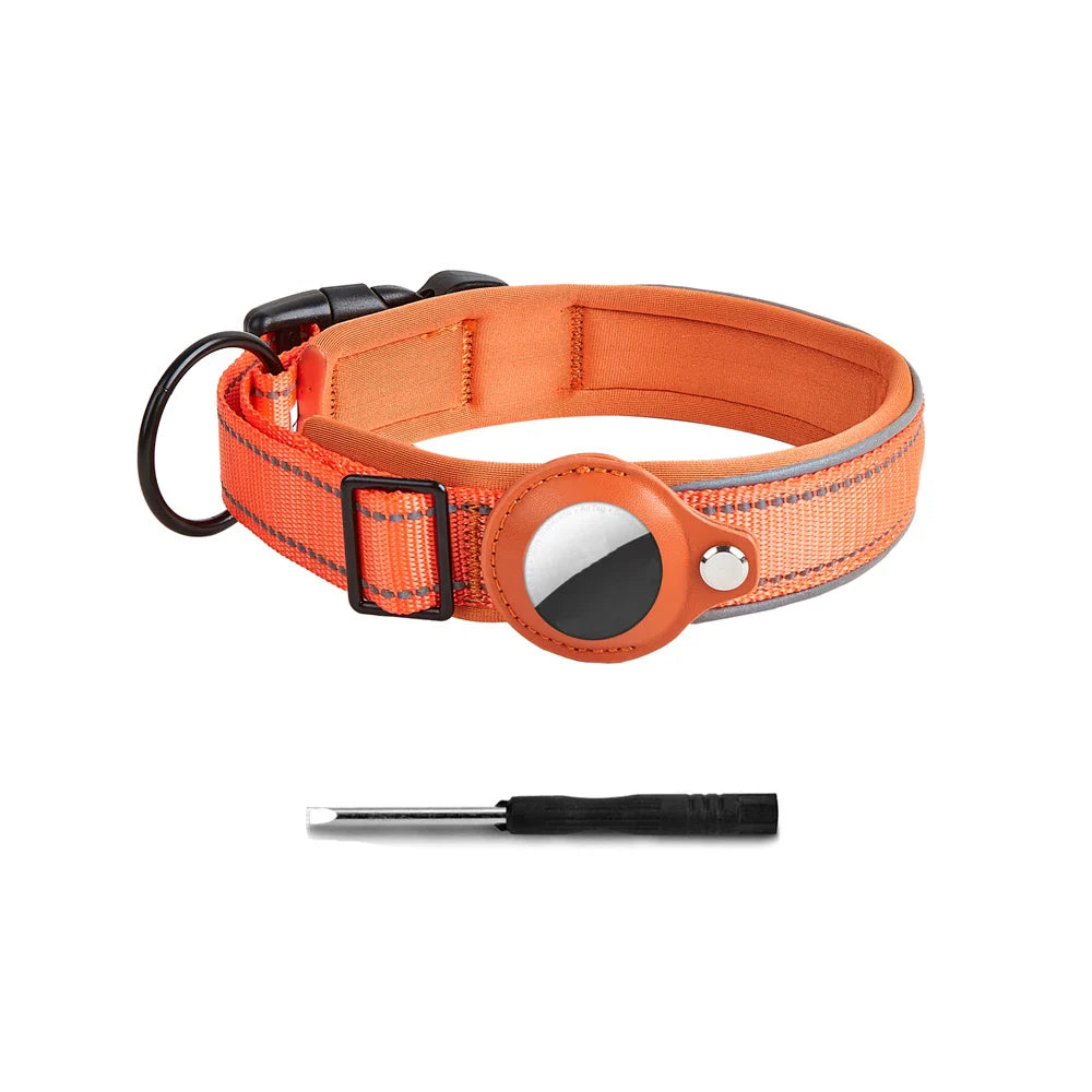Reflective Heavy-Duty Dog Collar with Adjustable AirTag Holder — For Small, Medium & Large Dogs
