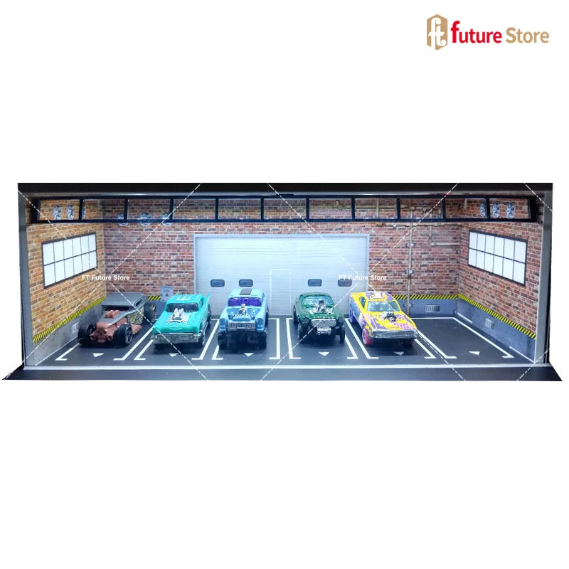 1:64 Scale Garage Scene Model with Lights – Assembled Parking Lot Diorama for Miniature Car Display