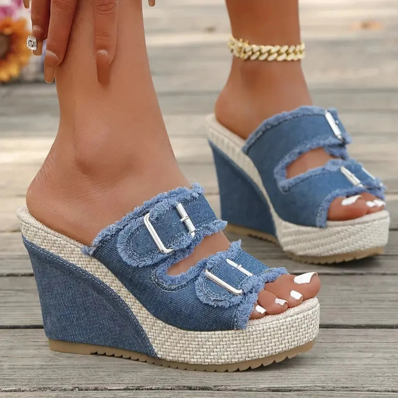 Women’s Summer Wedges Platform Sandals – Straw Weave & Denim Double Buckle Casual Shoes