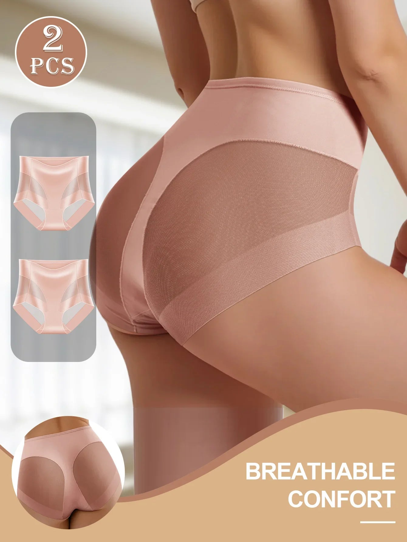 2PCS Women's High Waist Seamless Briefs – Soft Breathable Mesh Underwear in Solid & Contrast Colors