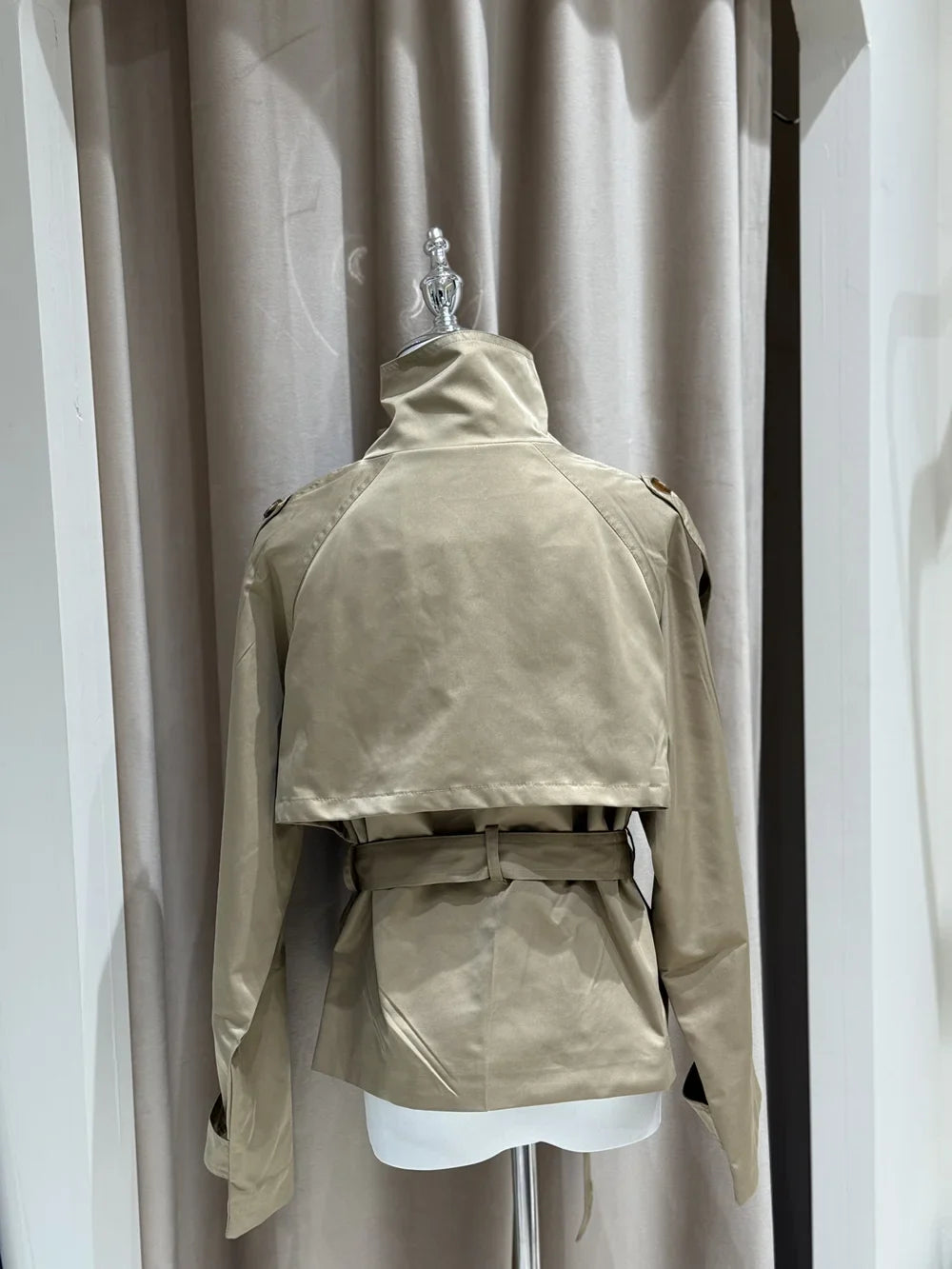 Women’s Belted Cropped Trench Jacket, Double-Breasted Stand Collar Coat – Chic Vintage Casual Fall 2025 Outerwear