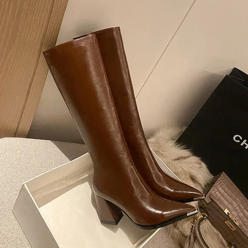 Pointed Toe Women's High Boots – Fashionable Side Zipper Long Booties, Elegant Party High Heel Shoes for Winter
