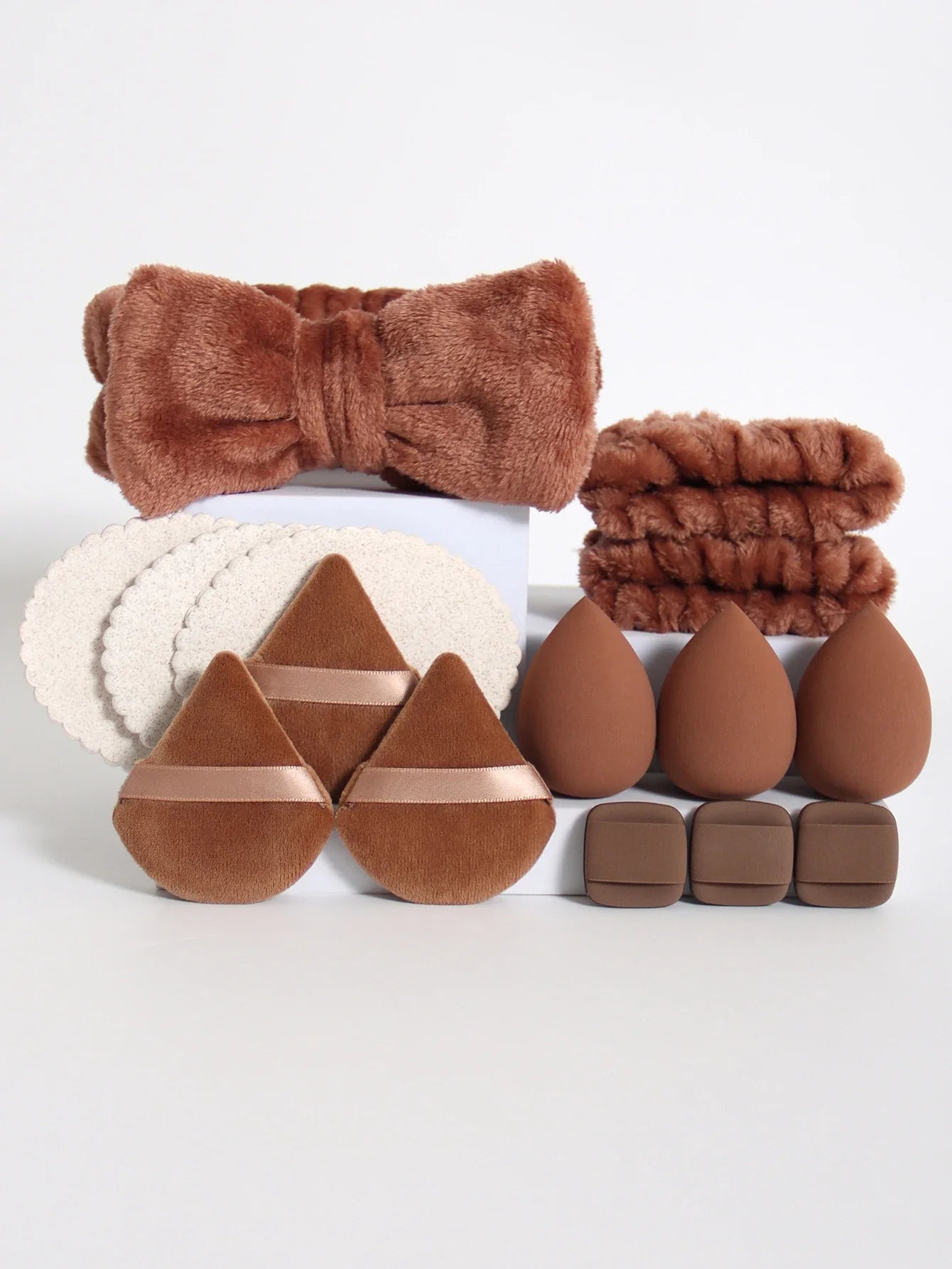 15Pcs Multi-Colored Fluffy Headband & Makeup Sponge Set - Sweet Style Beauty Essentials