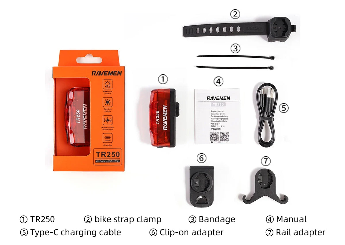 RAVEMEN TR250 Rechargeable Bike Rear Light – 250 Lumens LED Bicycle Taillight with Brake Sensor, Auto On/Off & IPX6 Waterproof Mount