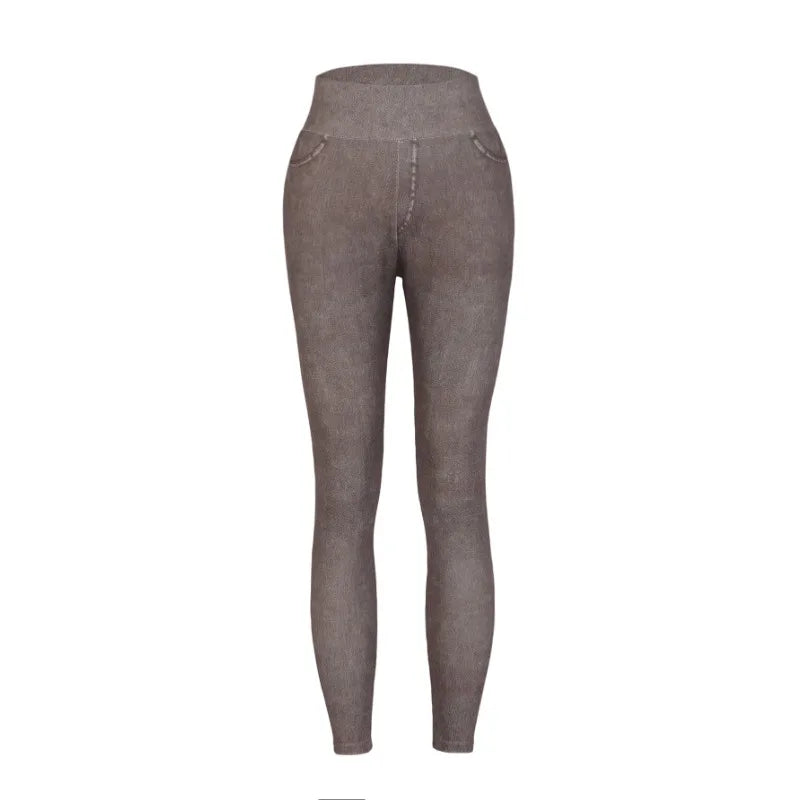 Women's Faux Denim Yoga Leggings - High Waist Stretch Fitness & Workout Skinny Tights