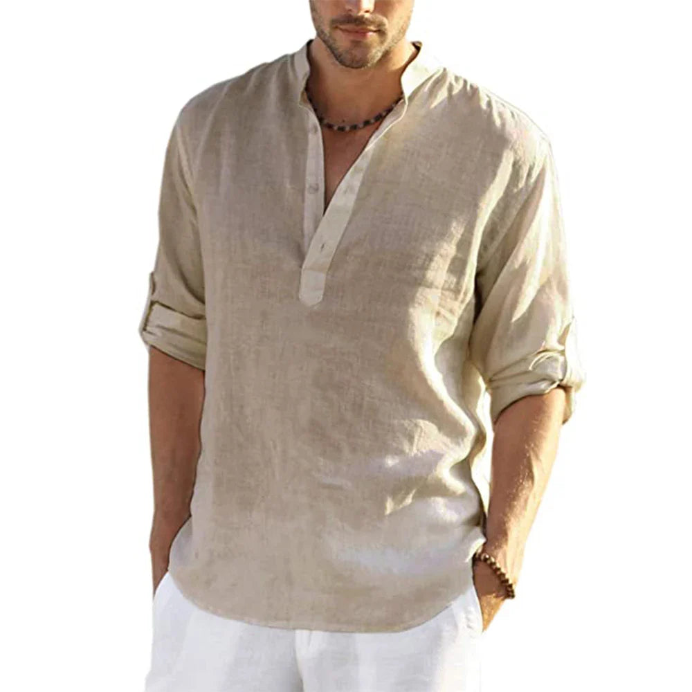 Men’s Cotton Linen Long Sleeve Casual Shirt Loose Fit Breathable Spring Autumn Buttonless Blouse Style Top Fashion Tee S-3XL