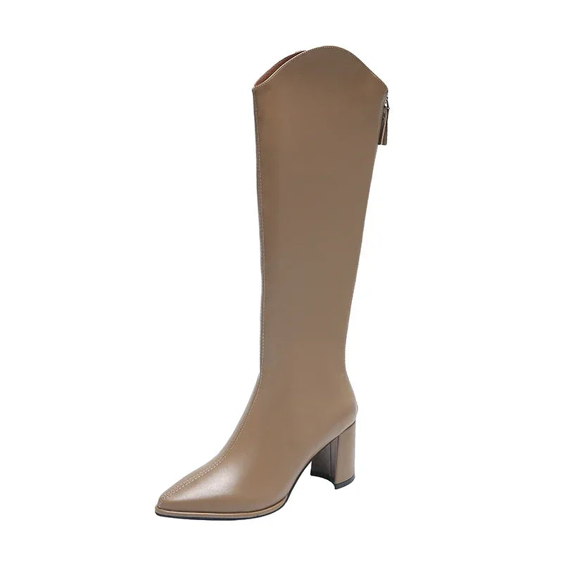 Plus Size 34-43 Women's Knee-High Boots – Zipper Thick High Heels for Autumn & Winter
