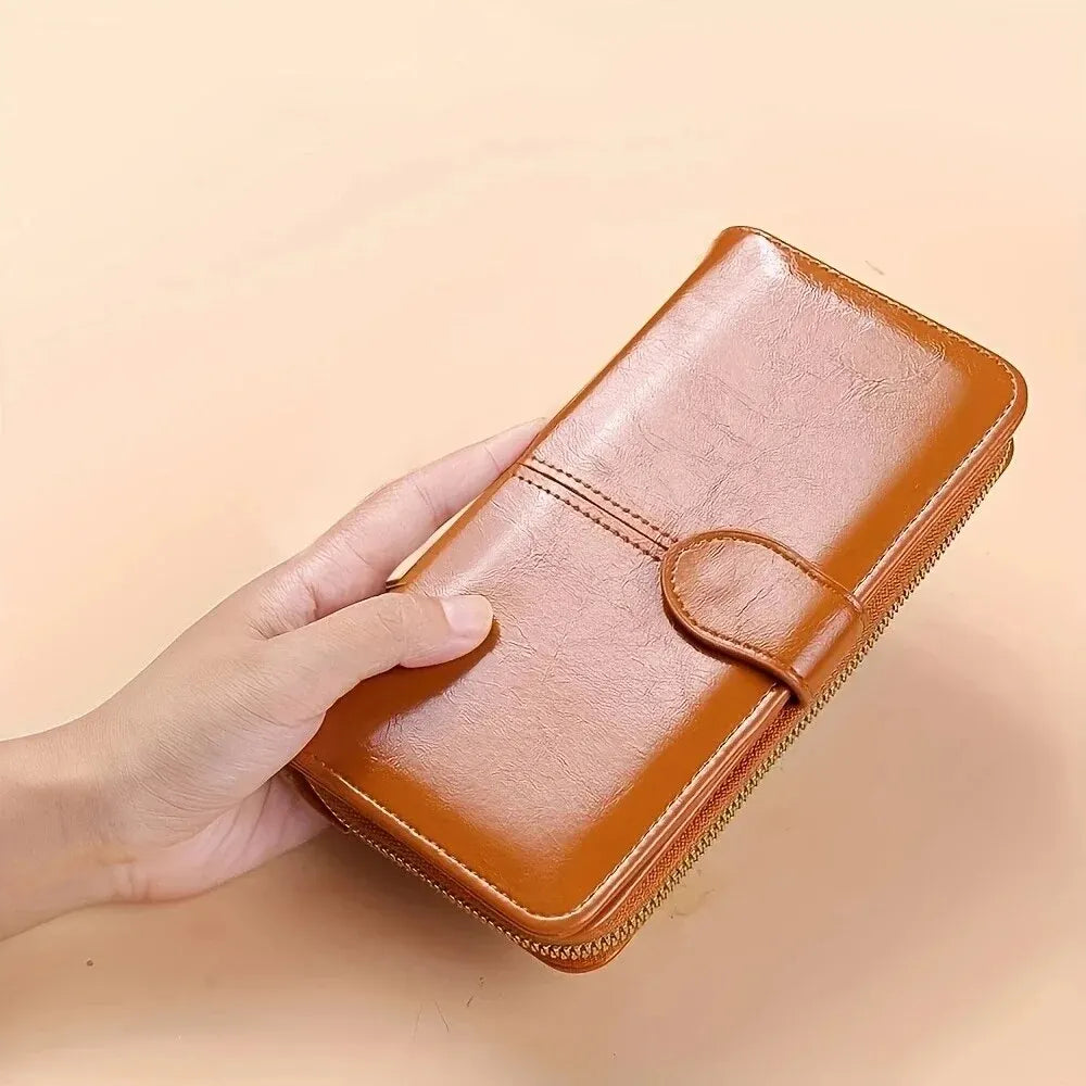 Women’s Vintage PU Leather Clutch Wallet – Large Capacity Phone Purse with Wristband, Card Holder & Pouch Bag